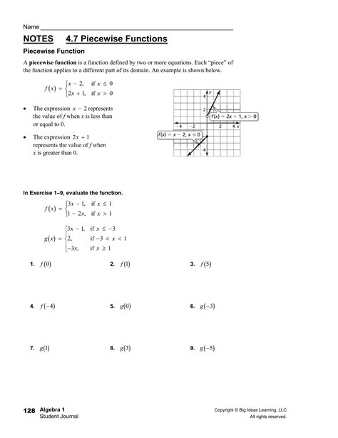 1.1 Day 2 Evaluating Piecewise Functions Answer Key