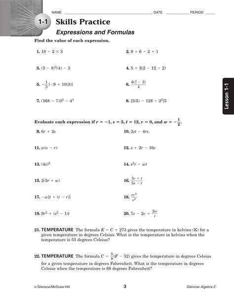 1 1 Skills Practice Expressions And Formulas