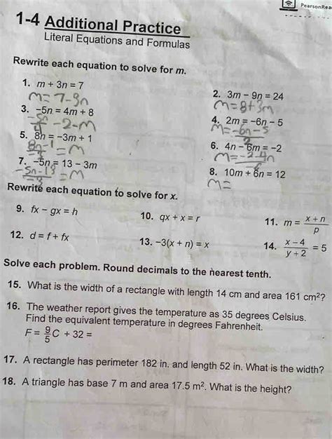 1 4 Additional Practice Literal Equations And Formulas