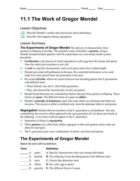 11.1 The Work Of Gregor Mendel Answer Key