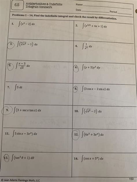 6.5 Antiderivatives And Indefinite Integrals Homework