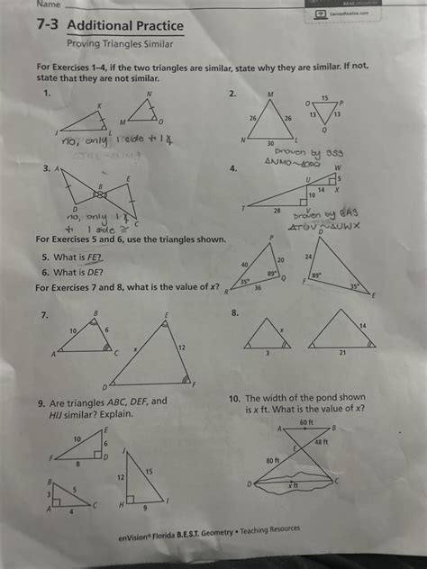 7-3 Additional Practice Proving Triangles Similar