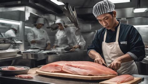 A Food Worker Prepares A Raw Fish Fillet For Cooking