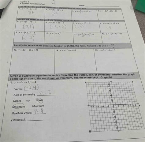 Algebra 2 5.2 Vertex Form Worksheet