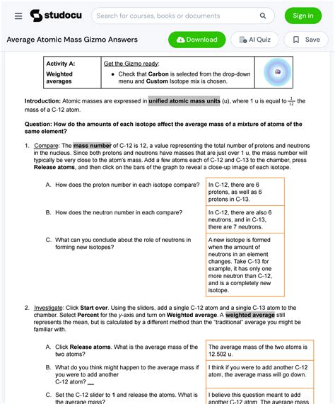 Average Atomic Mass Gizmo Answer Key