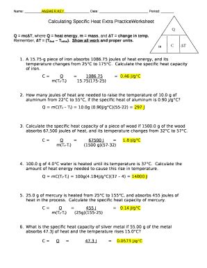 Calculating Specific Heat Extra Practice Worksheet