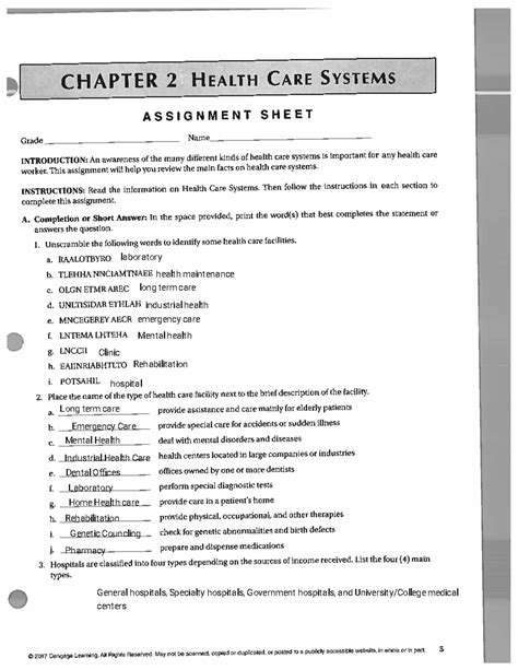 Chapter 2 Health Care Systems Assignment Sheet