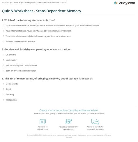 Context And State Dependent Memory Worksheet