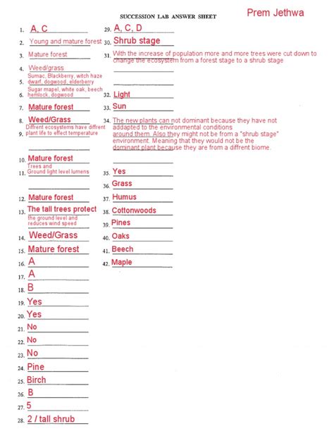 Ecological Succession Lab Answer Key Pdf