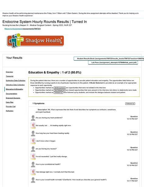 Endocrine System Hourly Rounds Shadow Health