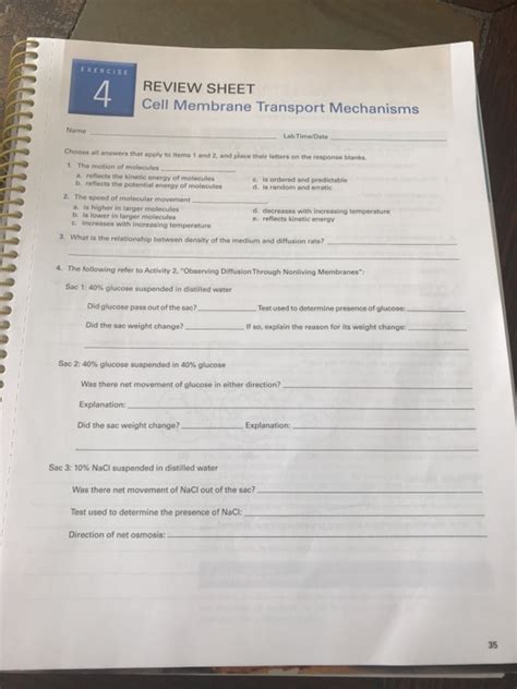 Exercise 4 Review Sheet Cell Membrane Transport Mechanisms