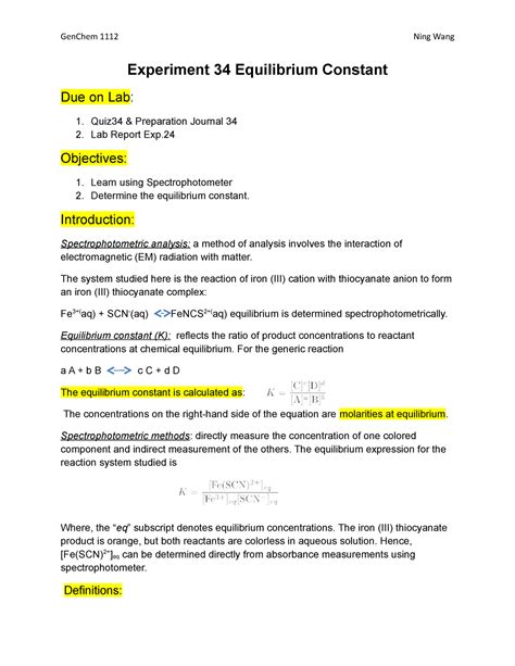 Experiment 34 An Equilibrium Constant Lab Report