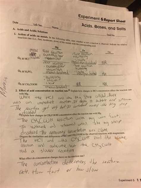 Experiment 6 Acids Bases And Salts Report Sheet