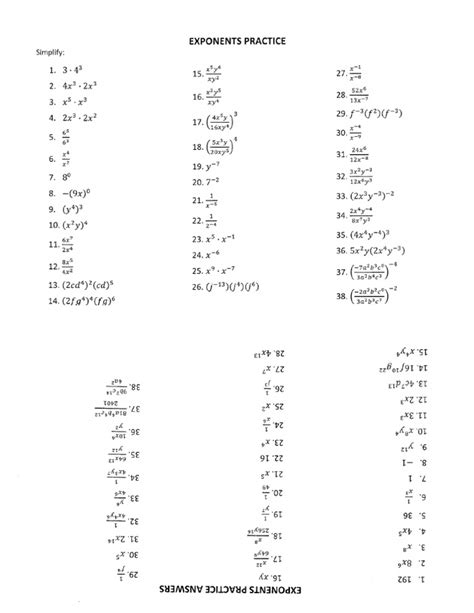 Exponent Rules Review Worksheet Answer Key