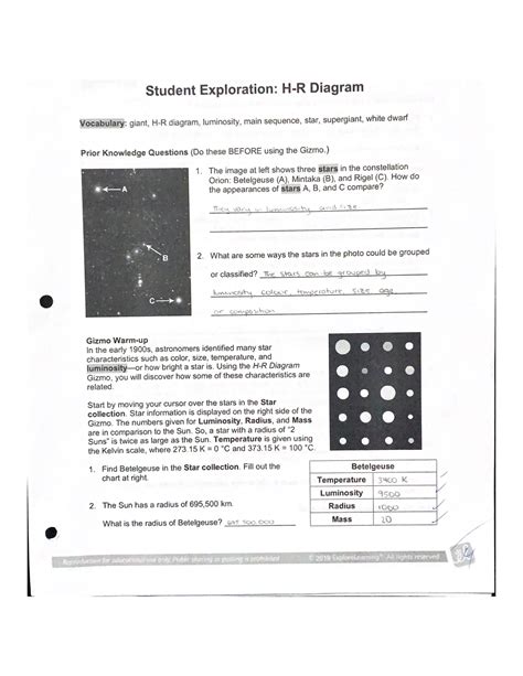 H R Diagram Gizmo Answer Key