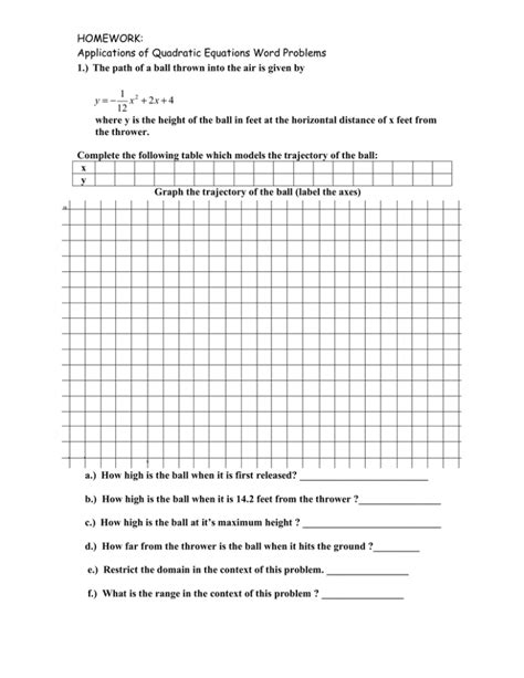 Homework 13 Quadratic Equation Word Problems