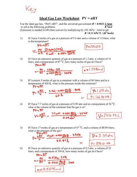 Ideal Gas Law Packet 12.3 Answer Key