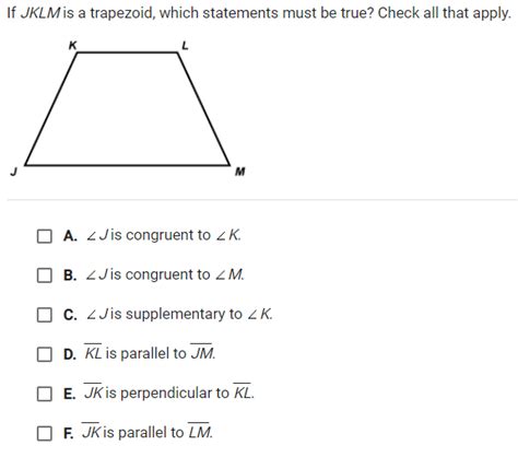 If Jklm Is A Trapezoid Which Statements Must Be True