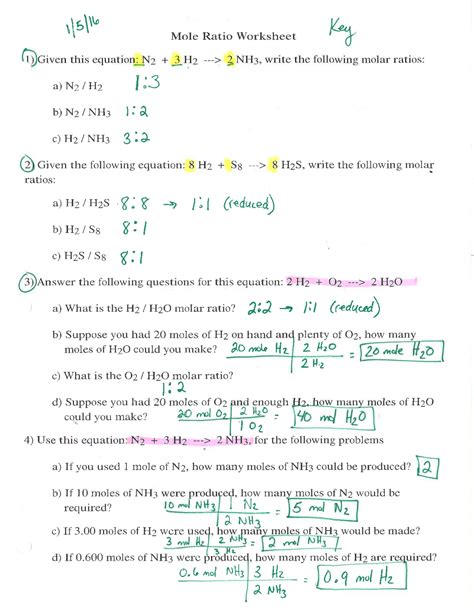 Intro To Stoichiometry Moles To Moles Questions Answer Key