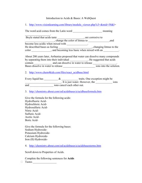 Introduction To Acids And Bases Webquest Answer Key