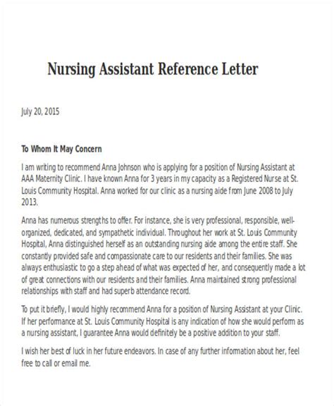 Letter Of Recommendation For Nursing Assistant