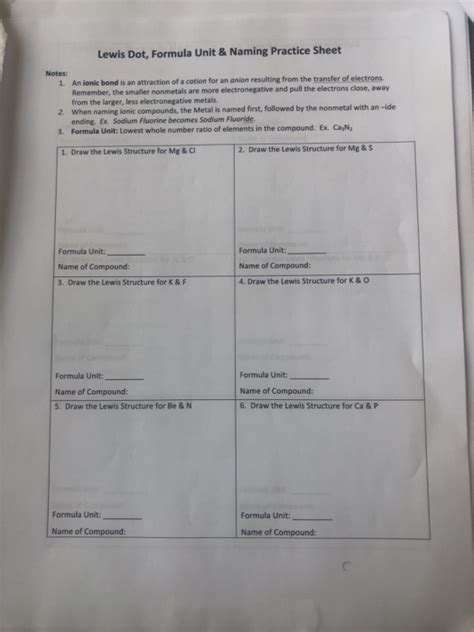 Lewis Dot Formula Unit & Naming Practice Sheet Answers