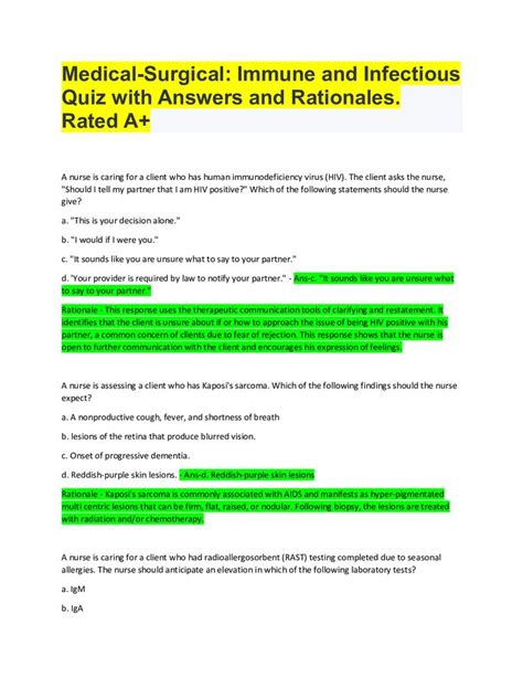 Medical Surgical Immune And Infectious Practice Quiz