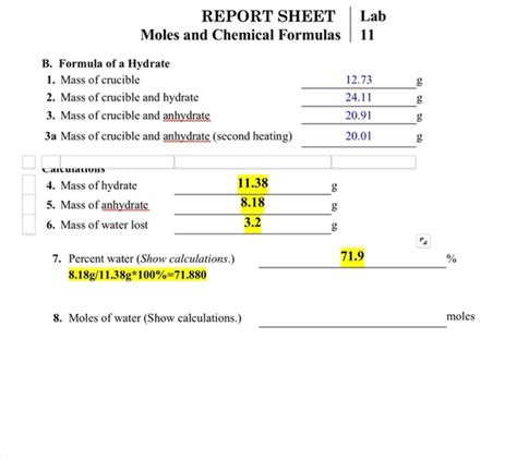 Moles And Chemical Formulas Report Sheet Answers