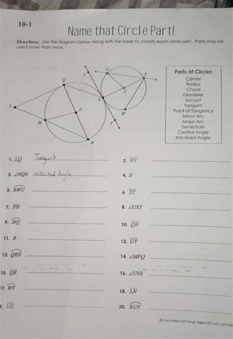 Name That Circle Part Worksheet Answer Key