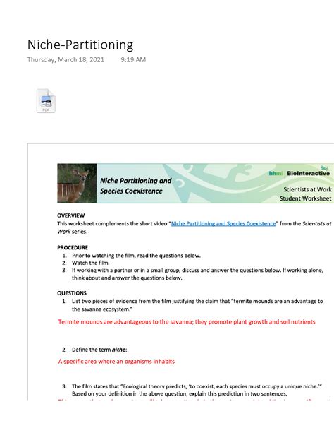 Niche Partitioning And Species Coexistence Worksheet Answers