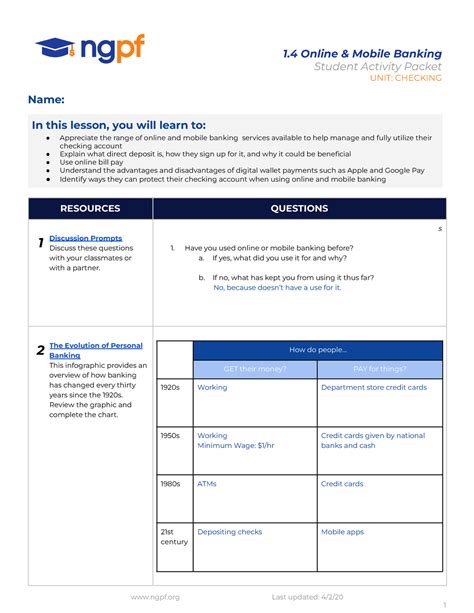 Online And Mobile Banking Student Activity Packet Unit: Banking