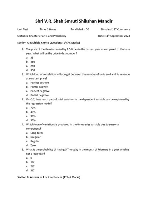 Probability And Statistics Unit Test Part 1