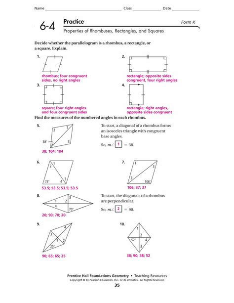 Properties Of Rhombuses Rectangles And Squares Worksheet Answers