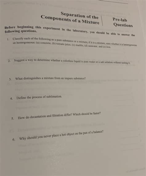 Separation Of The Components Of A Mixture Pre Lab Answers