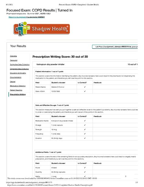 Shadow Health Copd Focused Exam Prescription