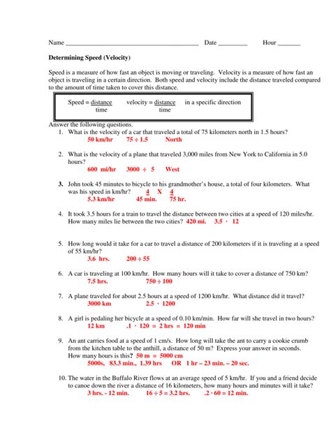 Speed And Velocity Practice Worksheet Answer Key