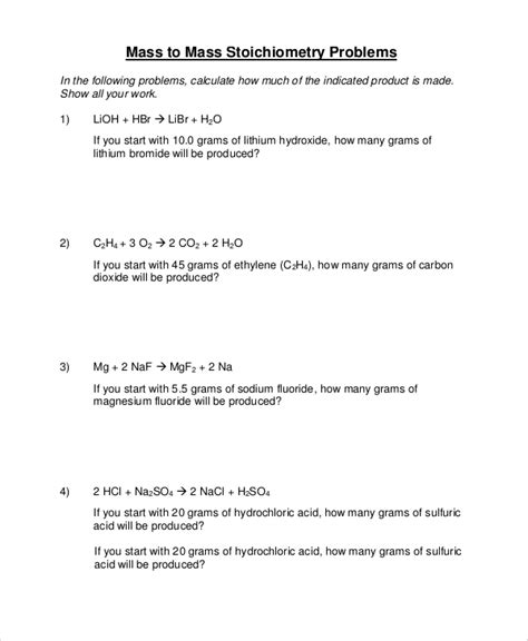 Stoichiometry Worksheet 1 Mass Mass Answer Key