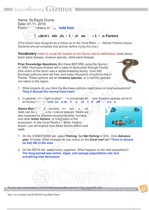 Student Exploration Coral Reefs 2 Biotic Factors