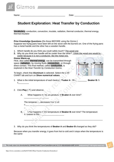 Student Exploration Heat Transfer By Conduction