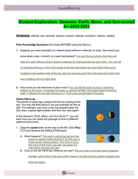 Student Exploration Seasons Earth Moon And Sun