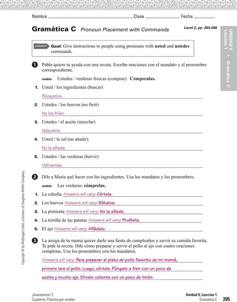 Unidad 4 Lección 1 Answer Key