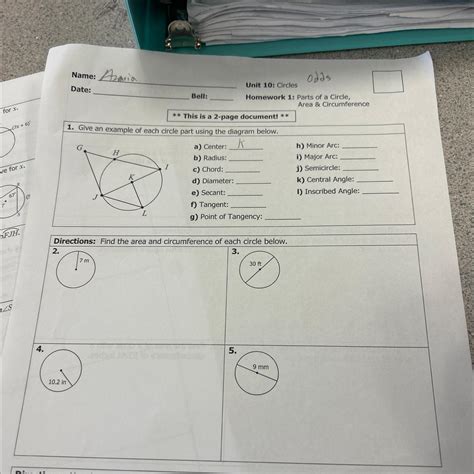 Unit 10 Homework 1 Parts Of Circles Area And Circumference