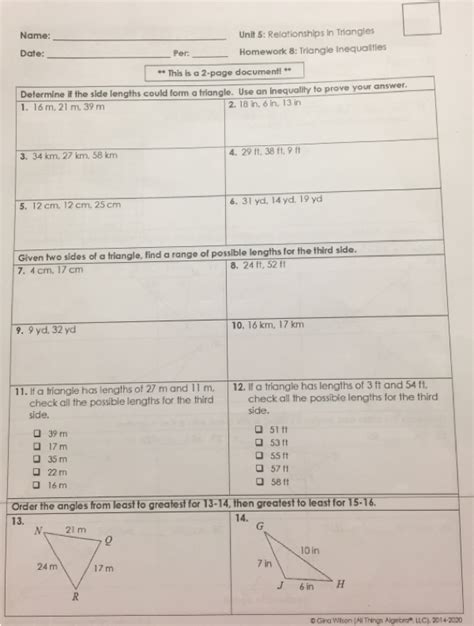 Unit 5 Relationships In Triangles Homework 8 Triangle Inequalities