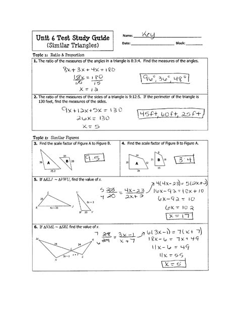 Unit 6 Test Study Guide Similar Triangles Answer Key