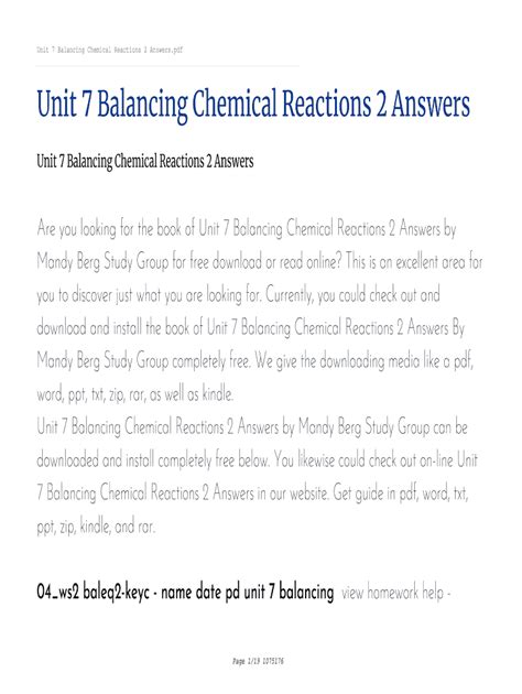 Unit 7 Chemical Reactions Balancing Worksheet 2