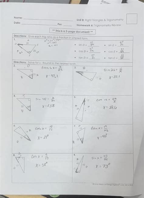 Unit 8 Right Triangles And Trigonometry Homework 4 Answers Key