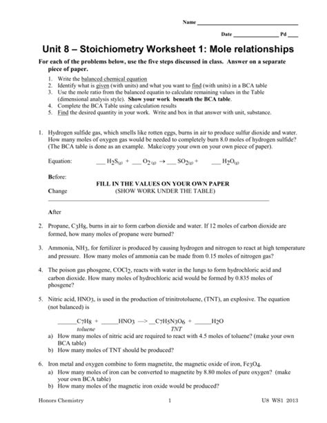 Unit 8 Worksheet 1 Mole Relationships