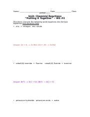 Unit Chemical Reactions Putting It Together Ws 3