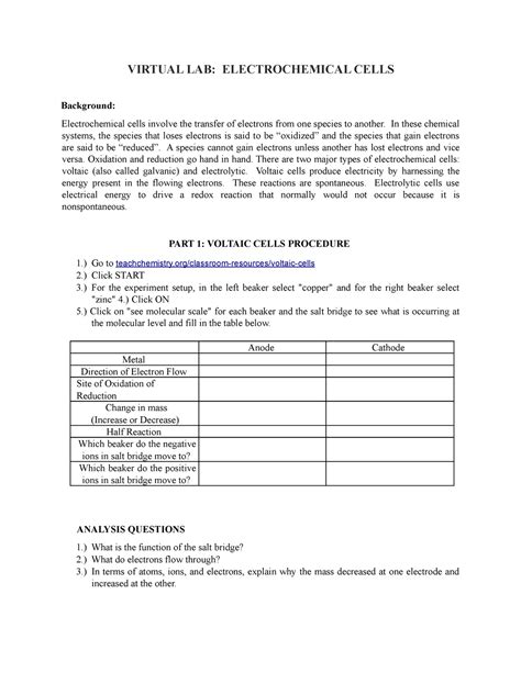 Virtual Lab Electrochemical Cells Answer Key