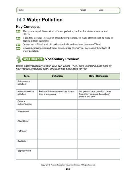 Water Pollution Scenario Worksheet Answer Key